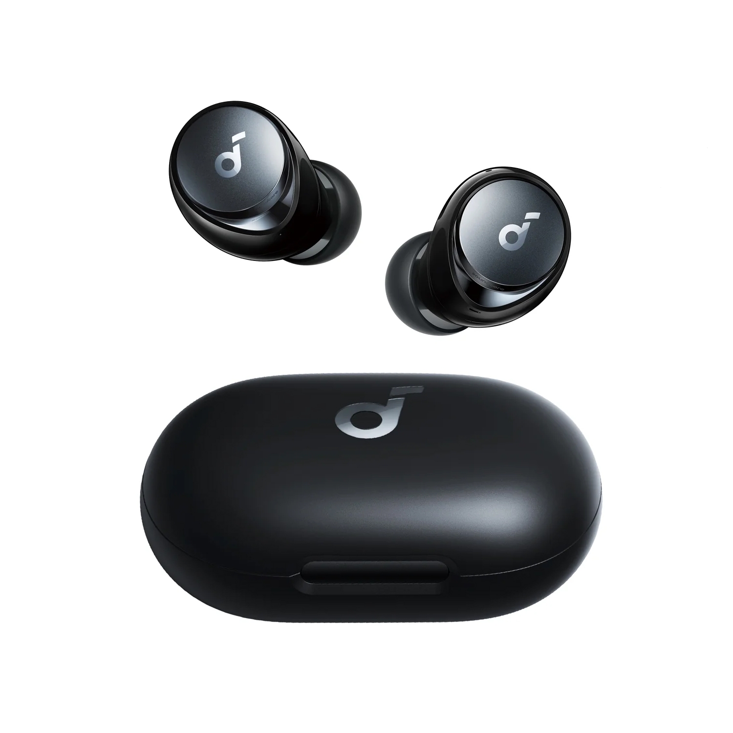 Black wireless earbuds with the charging case, both featuring a logo with a tilted \“d\“ and musical note design.