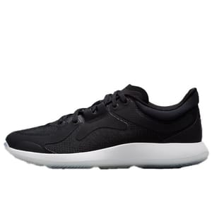A black athletic shoe with a sleek design, featuring a mesh upper and a white textured sole for grip.