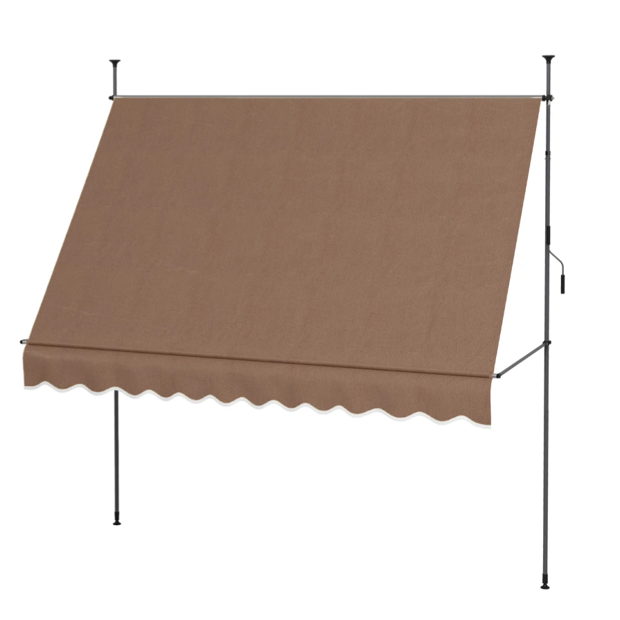 A brown retractable patio awning with a wavy edge design, featuring a manual crank handle for adjustments.