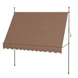A brown retractable patio awning with a wavy edge design, featuring a manual crank handle for adjustments.