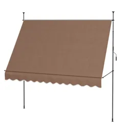 A brown retractable patio awning with a wavy edge design, featuring a manual crank handle for adjustments.