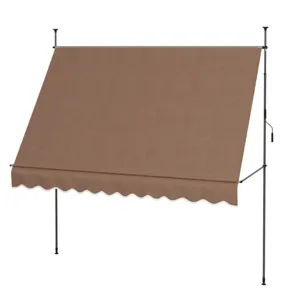 A brown retractable patio awning with a wavy edge design, featuring a manual crank handle for adjustments.