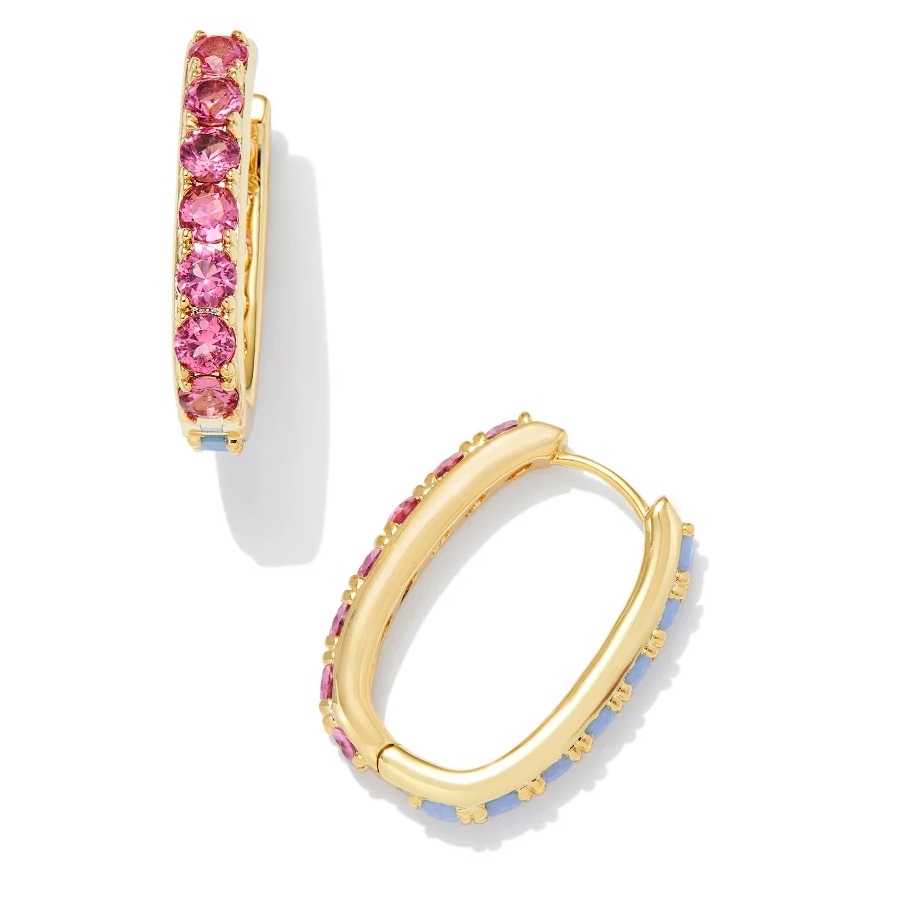 Gold hoops with oval shape, embedded with pink and blue stones. The front features pink stones, while the back showcases a subtle blue lining.