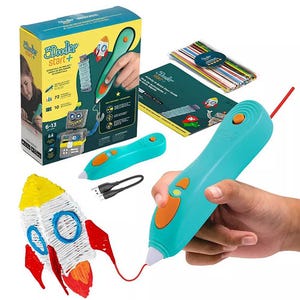 3Doodler Start+ is a 3D printing pen kit for ages 6-13, including a pen, USB charger, activity guide, and eco-friendly plastic strands for creative drawing.