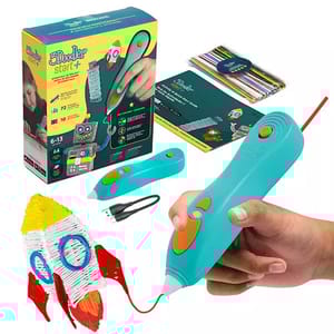 3Doodler Start+ is a 3D printing pen kit for ages 6-13, including a pen, USB charger, activity guide, and eco-friendly plastic strands for creative drawing.