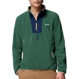A green Columbia fleece jacket with a half-zip design, featuring navy accents, beige zipper pulls, and a front pocket.