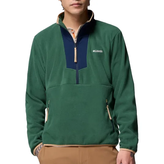 A green Columbia fleece jacket with a half-zip design, featuring navy accents, beige zipper pulls, and a front pocket.