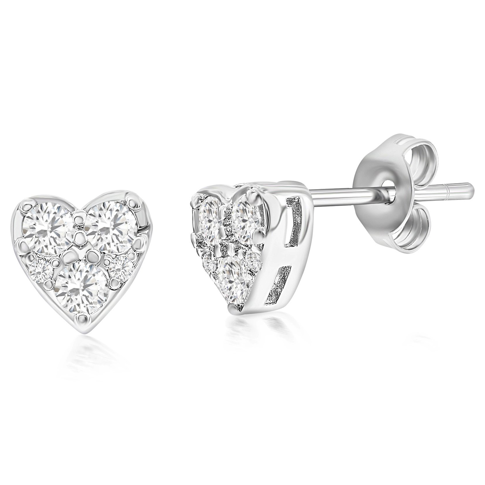 Heart-shaped stud earrings with multiple round-cut diamonds set in a silver or white gold metal.