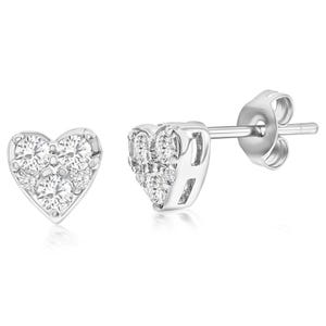 Heart-shaped stud earrings with multiple round-cut diamonds set in a silver or white gold metal.