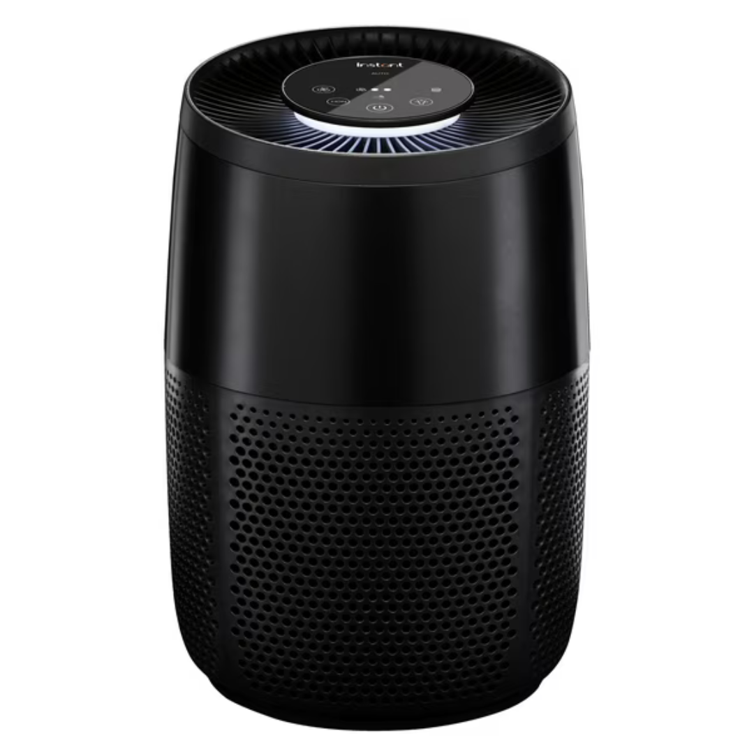 A black cylindrical air purifier with touch controls on top, featuring a vented design for air intake and output.