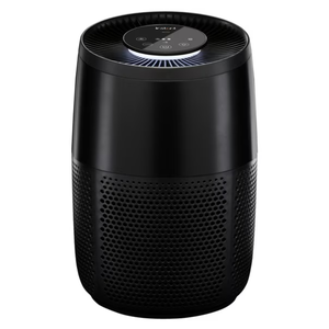 A black cylindrical air purifier with touch controls on top, featuring a vented design for air intake and output.