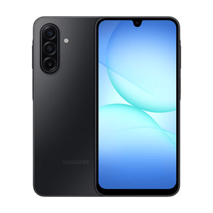 A black Samsung smartphone with a triple-camera setup on the back and a waterdrop notch display on the front.