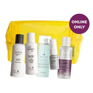 A collection of travel-sized haircare products including shampoos, a conditioner, and a protective spray, displayed with a yellow toiletry bag.