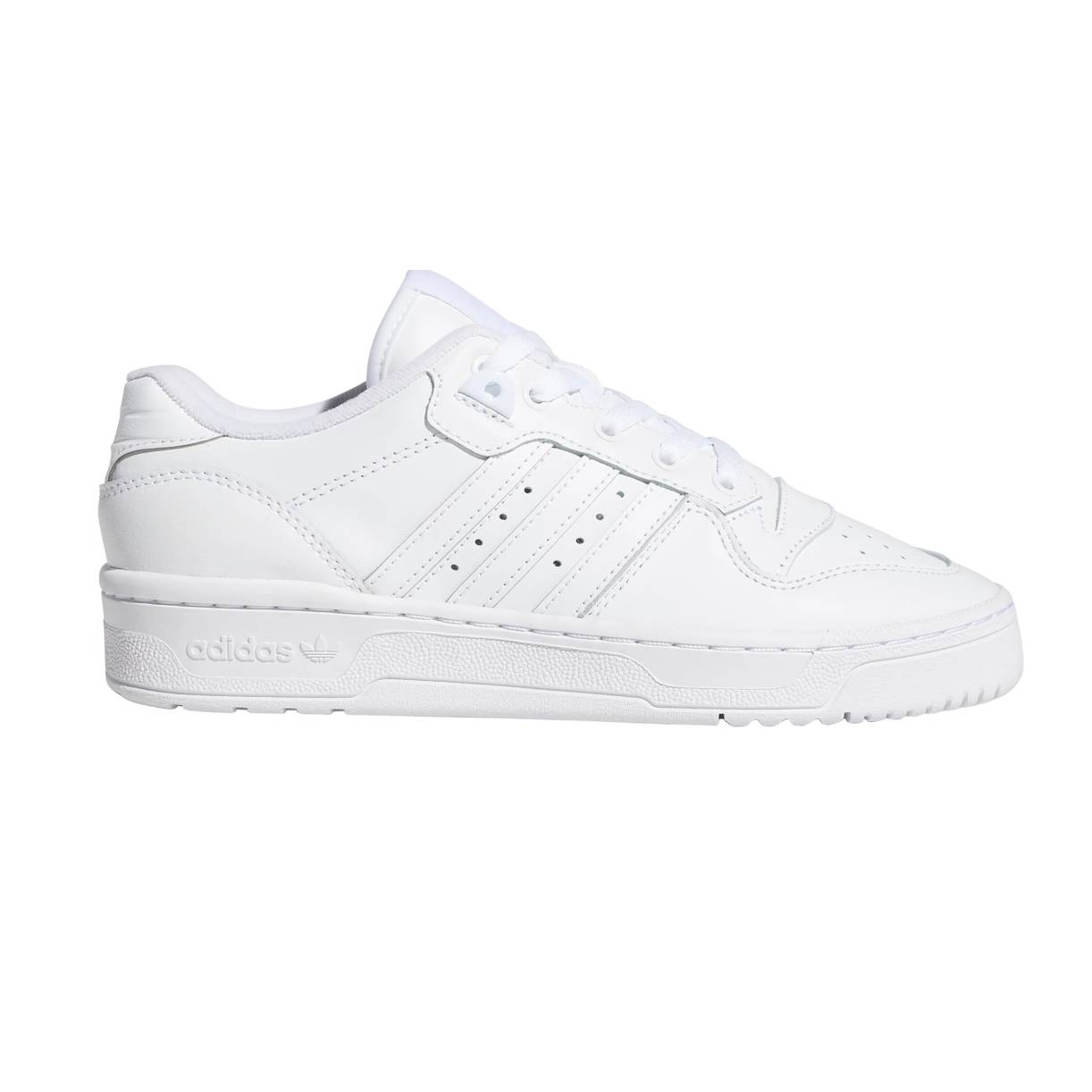 White Adidas sneakers with the brand's signature three-stripe design, a low-cut silhouette, and a flat sole.