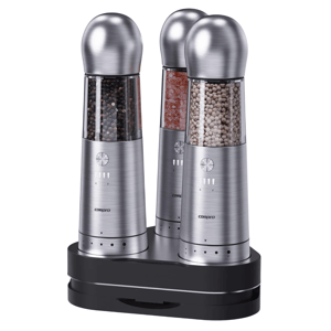 Set of three stainless steel electric pepper and salt grinders with adjustable coarseness, resting on a black charging base.