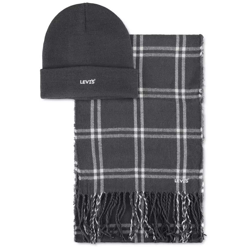 A dark gray Levi's beanie and a matching plaid scarf with fringe.
