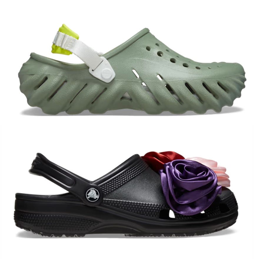 Top: Olive green clogs with an exaggerated, chunky sole and a white heel strap with a bright yellow buckle.\n\nBottom: Black sandals with a textured upper and three colorful fabric roses adorning the top strap.