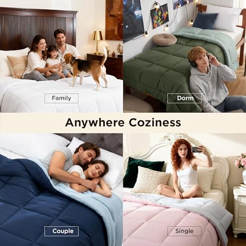 Four cozy bedding scenarios are shown: a family with a dog on a bed, a student relaxing in a dorm, a couple snuggling, and a single person taking a selfie, emphasizing comfort and versatility in different settings.