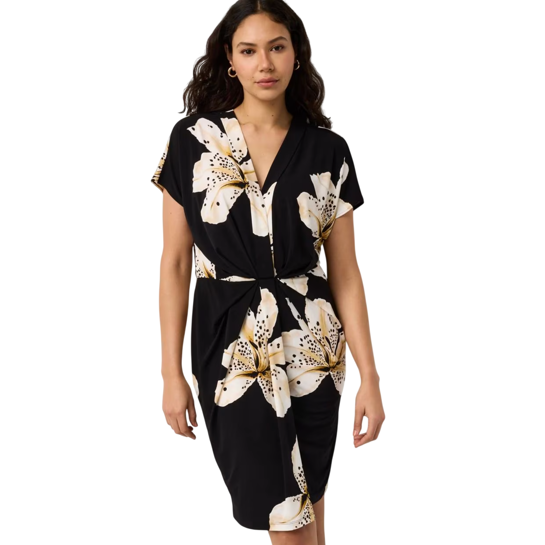 A black dress featuring a large white and yellow floral print with short sleeves and a twisted knot detail at the front.