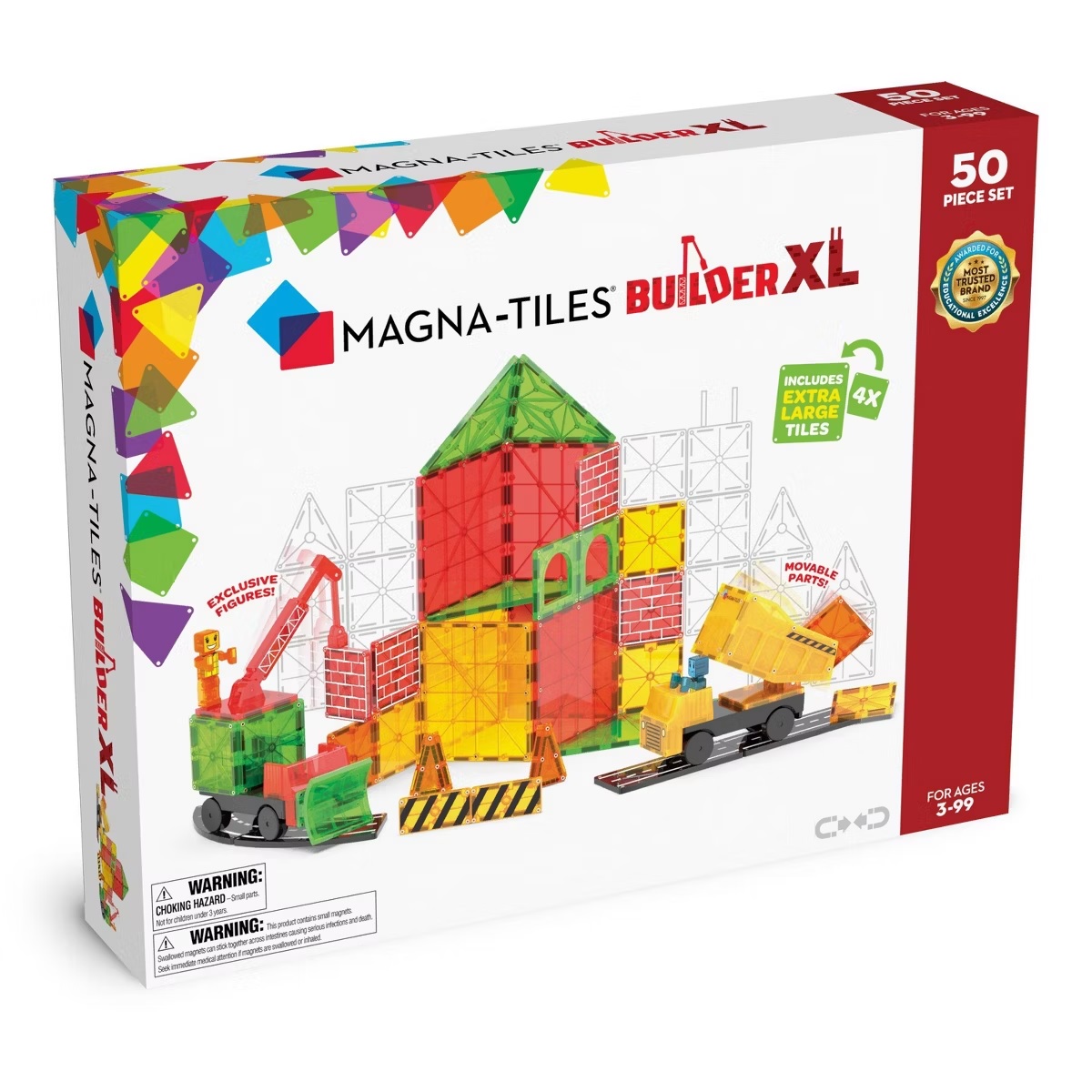 Magna-Tiles Builder XL is a 50-piece set featuring colorful magnetic tiles and building accessories, including exclusive figures and movable parts, suitable for ages 3 and up.