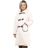 A white, mid-length sherpa coat with black toggle closures and pocket trim, worn over leopard print pants.