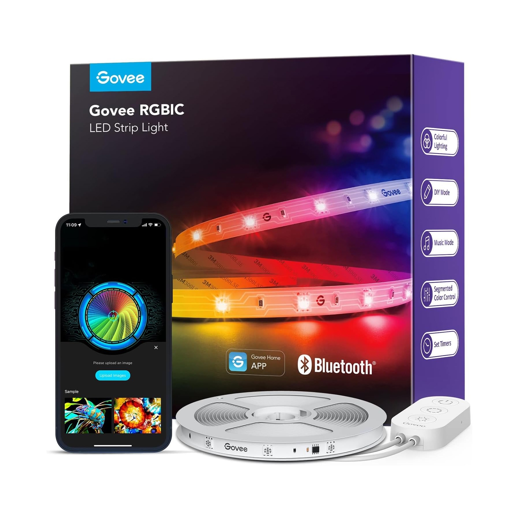 A Govee RGBIC LED Strip Light with smartphone control app, featuring colorful lighting, DIY mode, music mode, and timers.