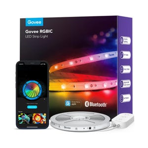 A Govee RGBIC LED Strip Light with smartphone control app, featuring colorful lighting, DIY mode, music mode, and timers.