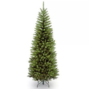National Tree 6' Kingswood Pencil Tree is a slim, artificial green Christmas tree with dense, realistic branches on a sturdy metal stand, ideal for small spaces.