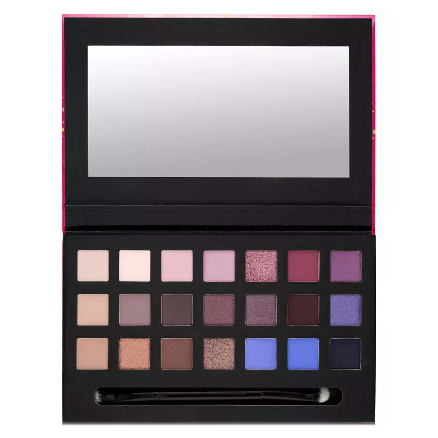 A makeup palette featuring 20 eyeshadow shades in various neutral, pink, purple, and blue tones, accompanied by a double-ended applicator and a built-in mirror.