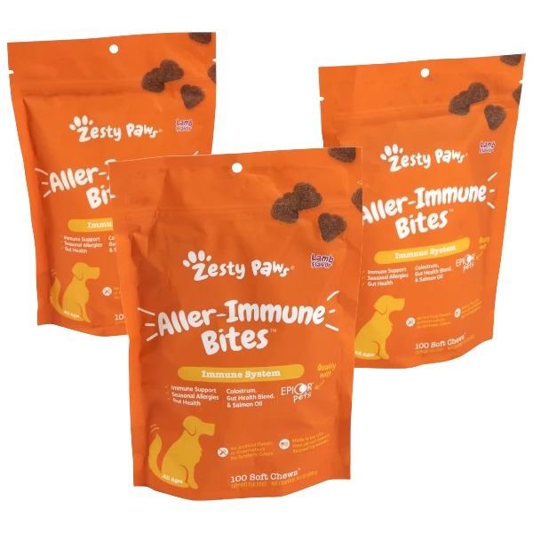 Zesty Paws Aller-Immune Bites for dogs, lamb flavored, featuring immune support, seasonal allergy relief, gut health blend, and salmon oil, available in a 300 soft chews quantity across three 100-chew bags.