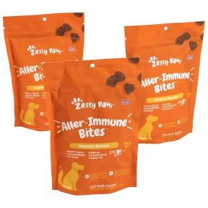 Zesty Paws Aller-Immune Bites for dogs, lamb flavored, featuring immune support, seasonal allergy relief, gut health blend, and salmon oil, available in a 300 soft chews quantity across three 100-chew bags.