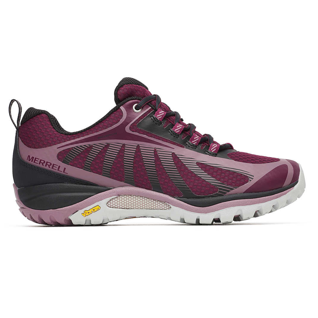 Maroon and black Merrell athletic shoe with a Vibram sole, featuring breathable mesh design and robust lacing system.