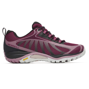 Maroon and black Merrell athletic shoe with a Vibram sole, featuring breathable mesh design and robust lacing system.