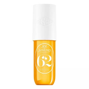 Sol de Janeiro Cheirosa 62 Perfume Mist features a warm, sweet fragrance with notes of pistachio, salted caramel, and vanilla. The bottle is orange with a white cap and the number \“62\“ prominently displayed.