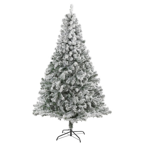 A snowy artificial Christmas tree with a metal stand, featuring a dense, frosted look for a wintry effect.