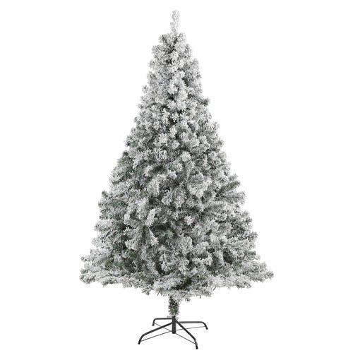 A snowy artificial Christmas tree with a metal stand, featuring a dense, frosted look for a wintry effect.