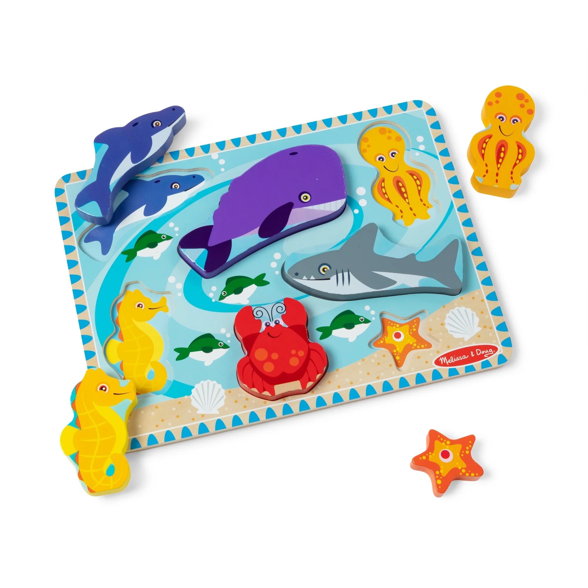 Melissa & Doug Ocean Wooden Chunky Puzzle features colorful sea creatures like a whale, shark, dolphin, seahorse, crab, octopus, and starfish on a sea-themed board.