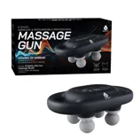 Cordless and rechargeable massage gun with 9 speeds, featuring 8 massage heads (4 flat, 4 ball).