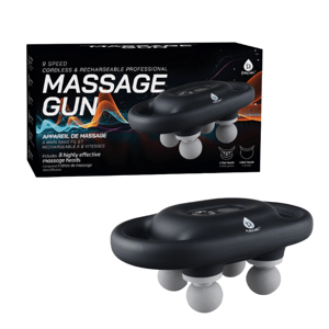 Cordless and rechargeable massage gun with 9 speeds, featuring 8 massage heads (4 flat, 4 ball).