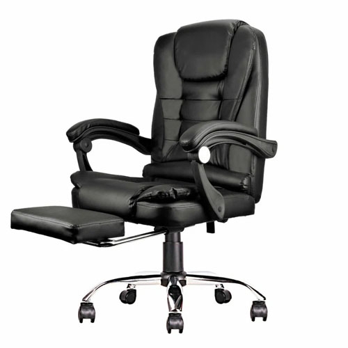 A black ergonomic office chair with cushioned armrests, a retractable footrest, and massaging capabilities, supported by a swivel base and caster wheels.