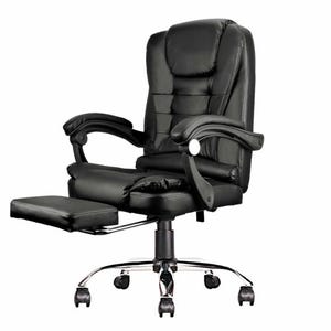 A black ergonomic office chair with cushioned armrests, a retractable footrest, and massaging capabilities, supported by a swivel base and caster wheels.