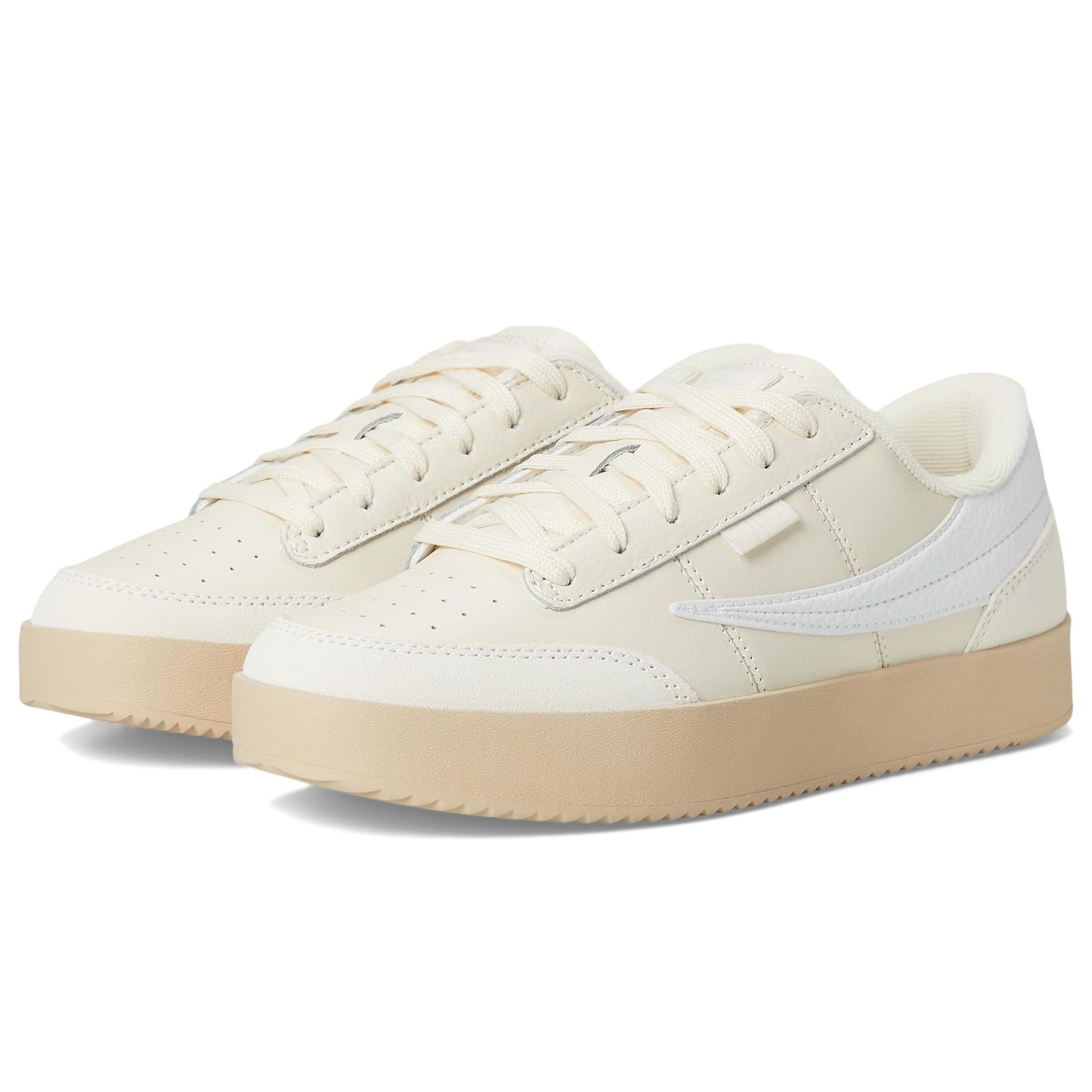 Fila Royalton Neutral Sneakers feature a minimalist design with an off-white upper, tan sole, and white textured logo accent. They have a streamlined shape, lace-up closure, and subtle perforation details for a classic sporty look.