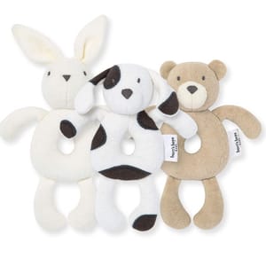 Three soft rattles shaped like a bunny, a dog, and a bear, each with a looped body for easy gripping.
