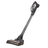 Cordless stick vacuum cleaner with a detachable handheld unit, featuring a transparent dust canister and a brush head with visible rollers.