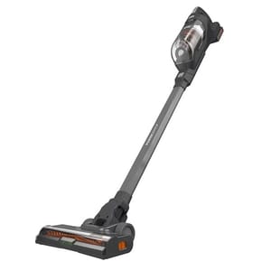 Cordless stick vacuum cleaner with a detachable handheld unit, featuring a transparent dust canister and a brush head with visible rollers.