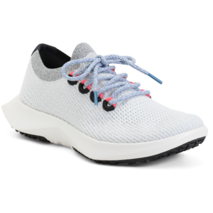 Allbirds Men's Tree Dasher Shoes are lightweight and feature a breathable knit upper in a light gray color with blue laces. They have a cushioned white sole for comfort and a black outsole for traction.