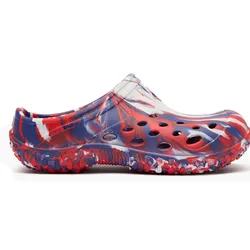 Red, blue, and white camo Crocs-style clog with ventilation holes and a multicolored textured sole.