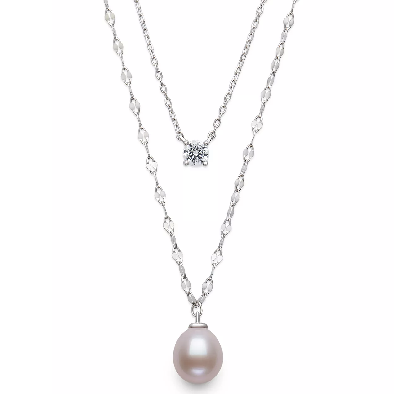 Layered necklace featuring a white pearl pendant on a decorative chain and a single diamond on a simple chain.