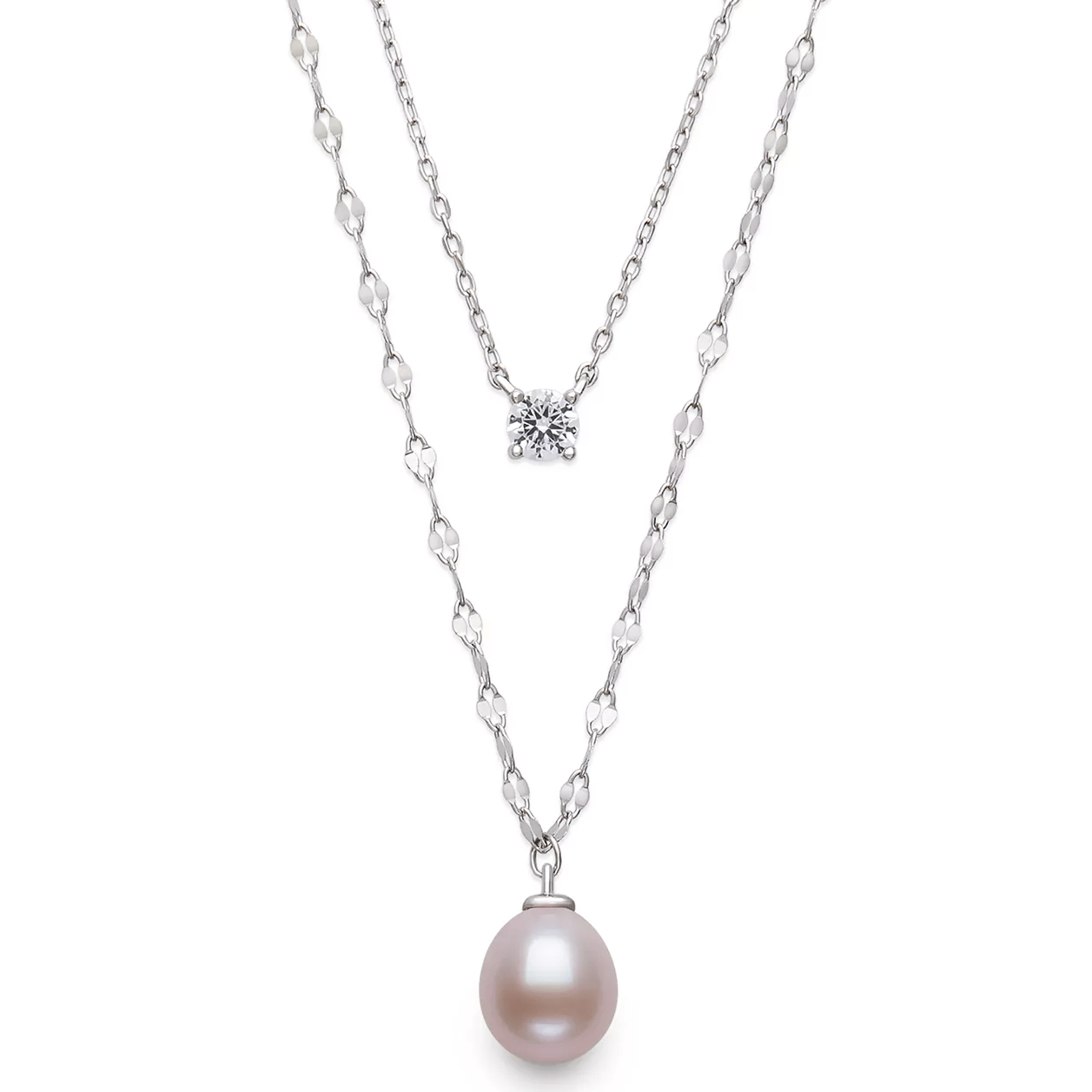Layered necklace featuring a white pearl pendant on a decorative chain and a single diamond on a simple chain.