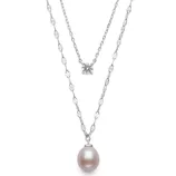 Layered necklace featuring a white pearl pendant on a decorative chain and a single diamond on a simple chain.